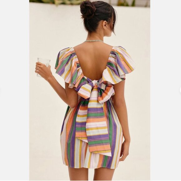 Anthropologie Dresses & Skirts - By Anthropologie Ruffle-Sleeve Open Back Striped Mini Dress